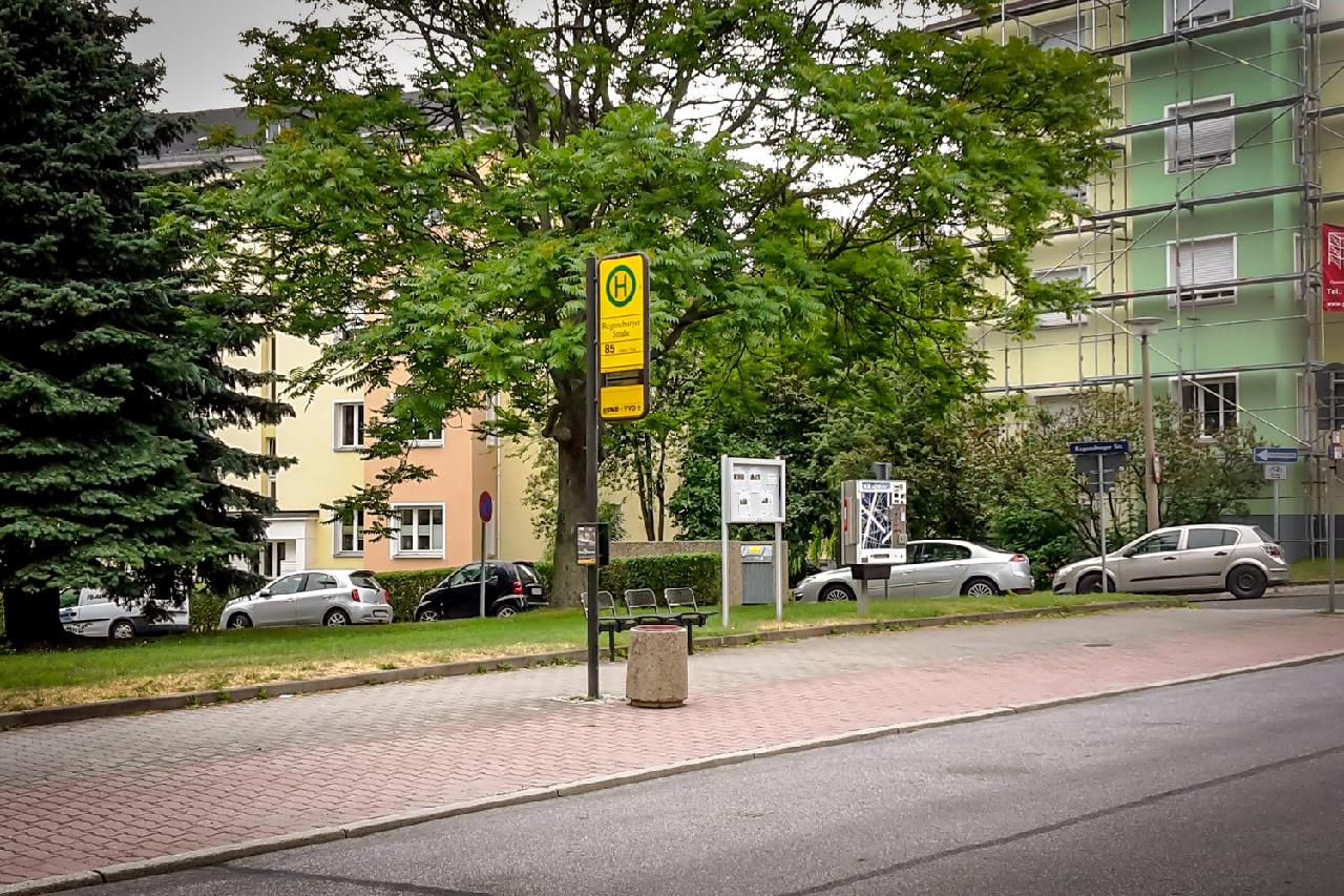 Das Bild zeigt eine nicht-barrierefreie Haltestelle ohne Wetterschutz an der Nöthnitzer Straße.