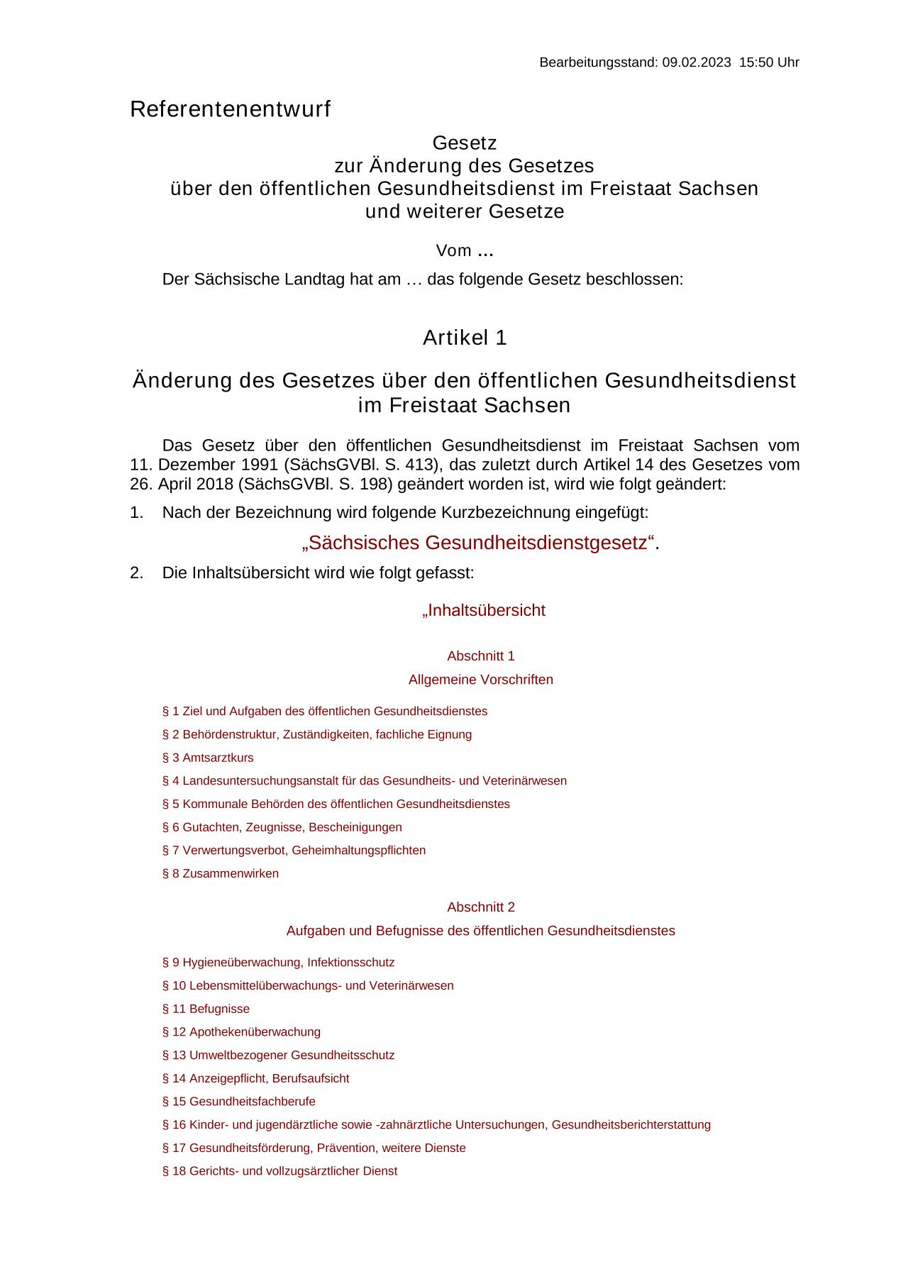 Vorschau Dokument: Referentenentwurf - Gesetz zur Änderung des Gesetzes über den öffentlichen Gesundheitsdienst im Freistaat Sachsen und weiterer Gesetze - download Dokument