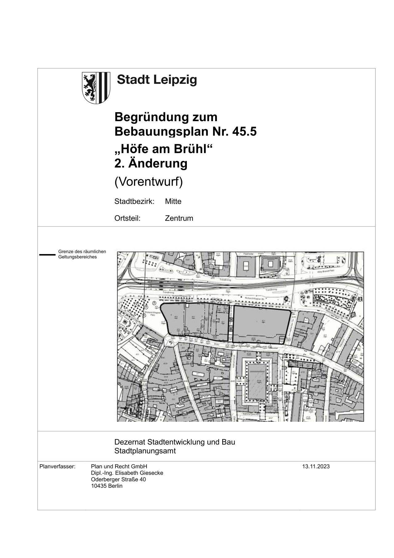 Vorschau Dokument: BP Nr. 45.5, Höfe am Brühl, 2. Änderung, Vorentwurf Begründung - download Dokument